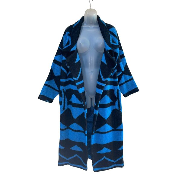 90’s Funky Vintage I.B. Diffusion Blue & Black Geometric Wool Blend Open Front L - Picture 3 of 9